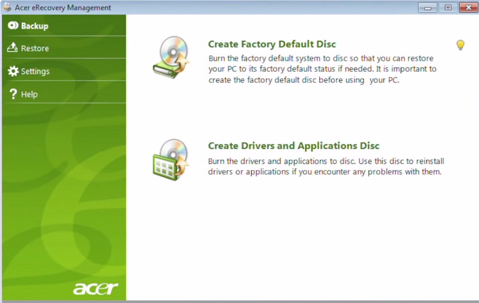 The Acer eRecovery Management software