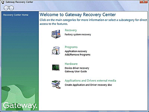 Gateway Recovery Centre in Windows Vista